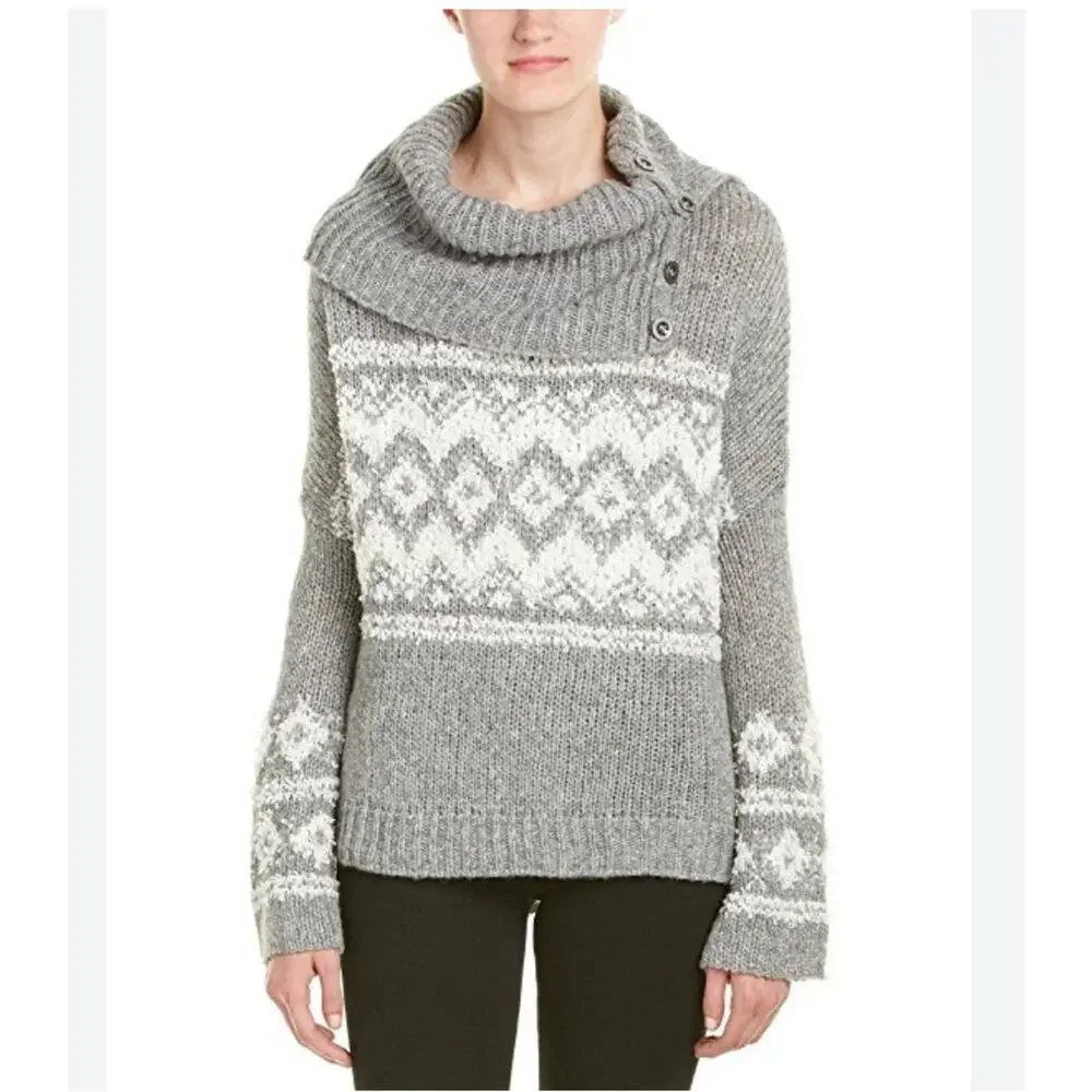 Free People Fair Isle Wool Blend Sweater Burgundy Chunky Knit Oversized Boho‎ S